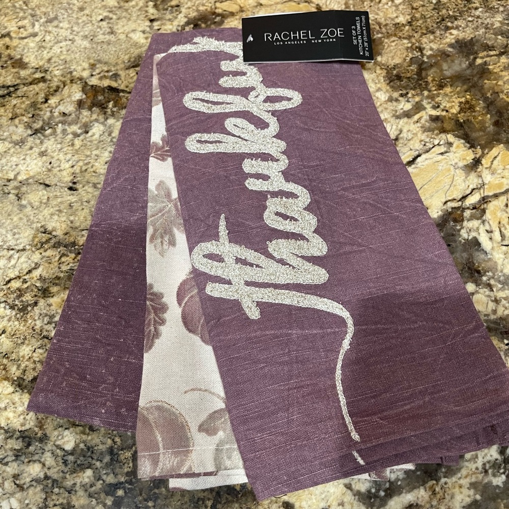 Rachel Zoe THANKFUL & GRATEFUL pumpkins embroidered towel trio 20”x28” Brand new